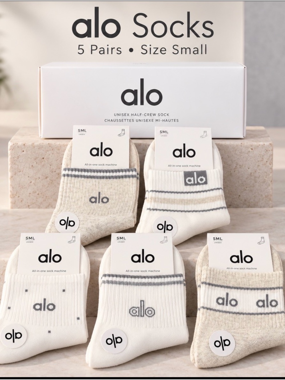 ALO Yoga 5-Pack Half-Crew Socks — Cream & Gray
